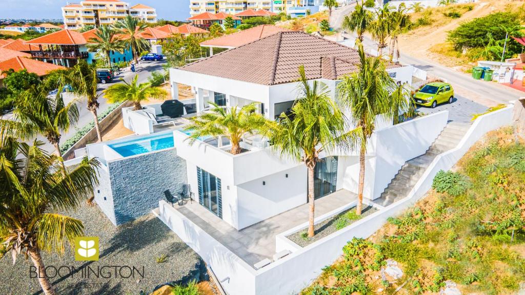 an aerial view of a white house with palm trees at Villa Blue Bay Curacao in Dorp Sint Michiel