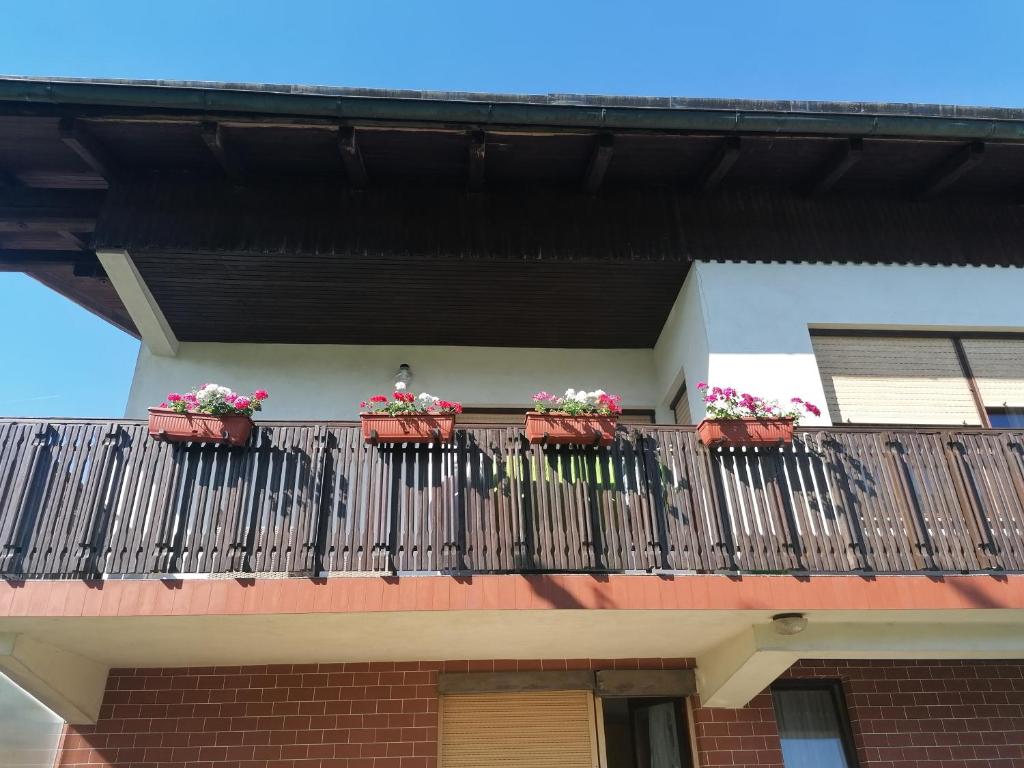einen Balkon mit Topfpflanzen auf einem Gebäude in der Unterkunft Apartments Novak in Ljubno