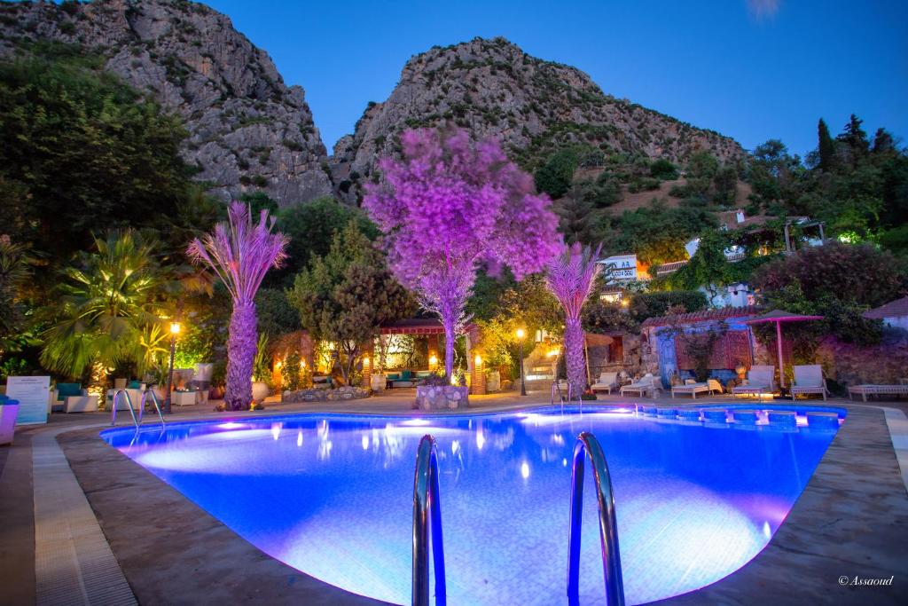 una piscina notturna con alberi sullo sfondo di Dar Echchaouen Maison d'Hôtes & Riad a Chefchaouen