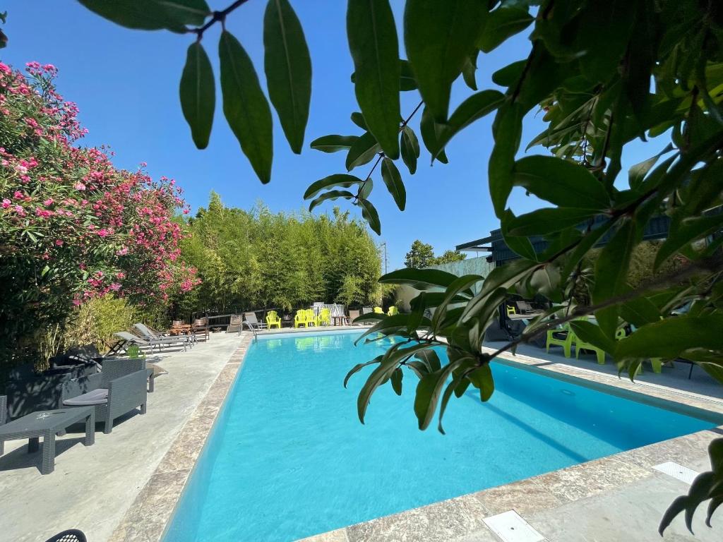 ニームにあるLogis NIMOTEL Hôtel Cosyの青い水と木々が茂るスイミングプール