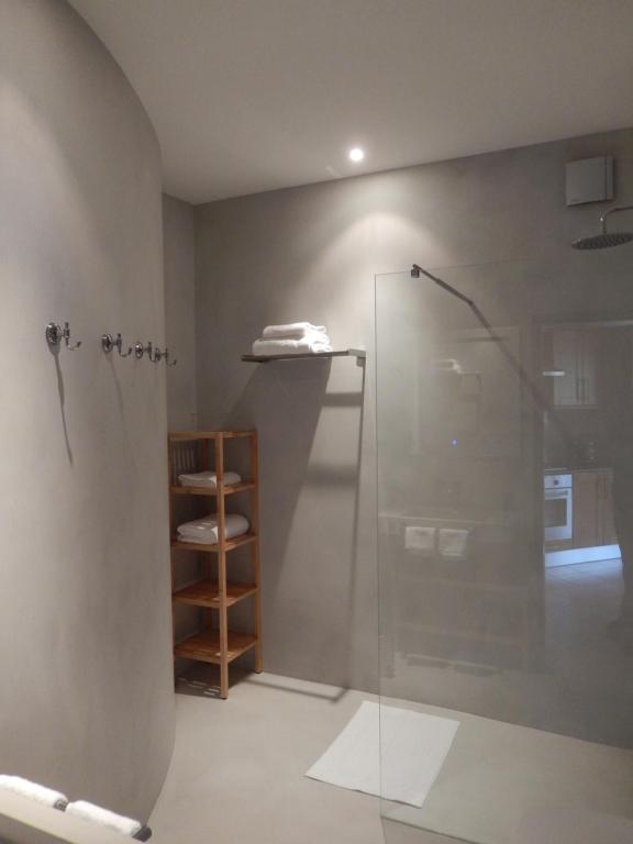 a bathroom with a shower with a glass door at Monte-Bougainvillea in Faro