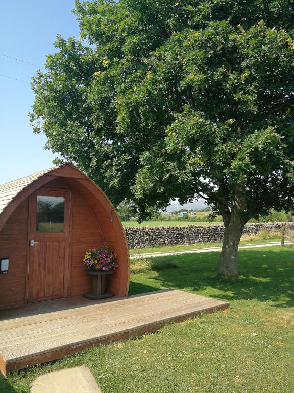 a small wooden shed with a tree in a field at Sunny Mount Glamping Pod in Long Marton
