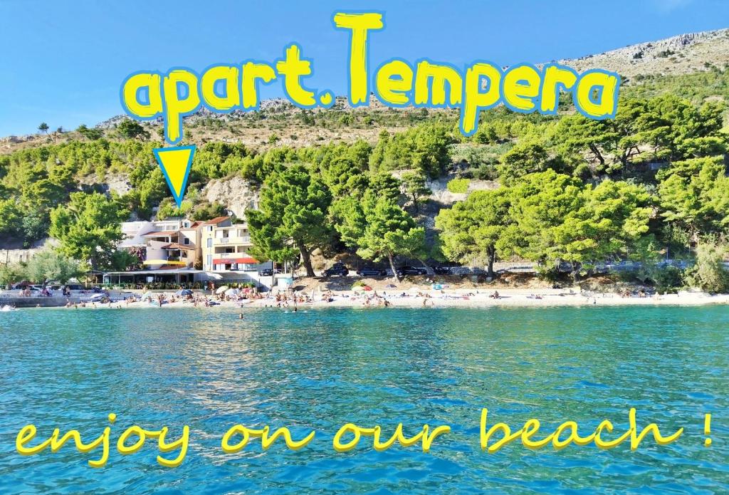 an image of a beach with the words april lemonery enjoy on our beach at Apartments Tempera by the beach in Split