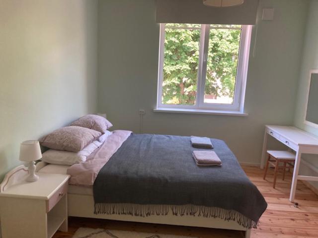 a bedroom with a bed and a desk and a window at Lahe koht in Haapsalu