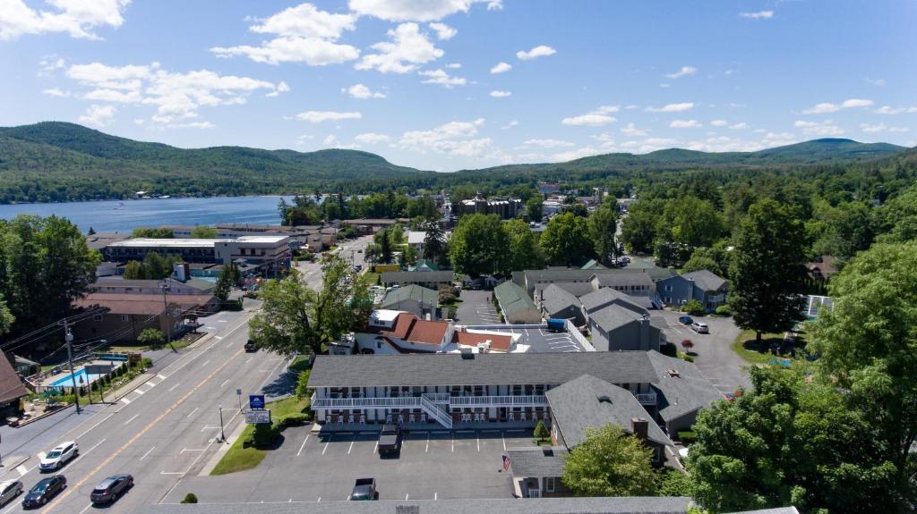 an aerial view of a small town with a river at Americas Best Value Inn & Suites Lake George in Lake George