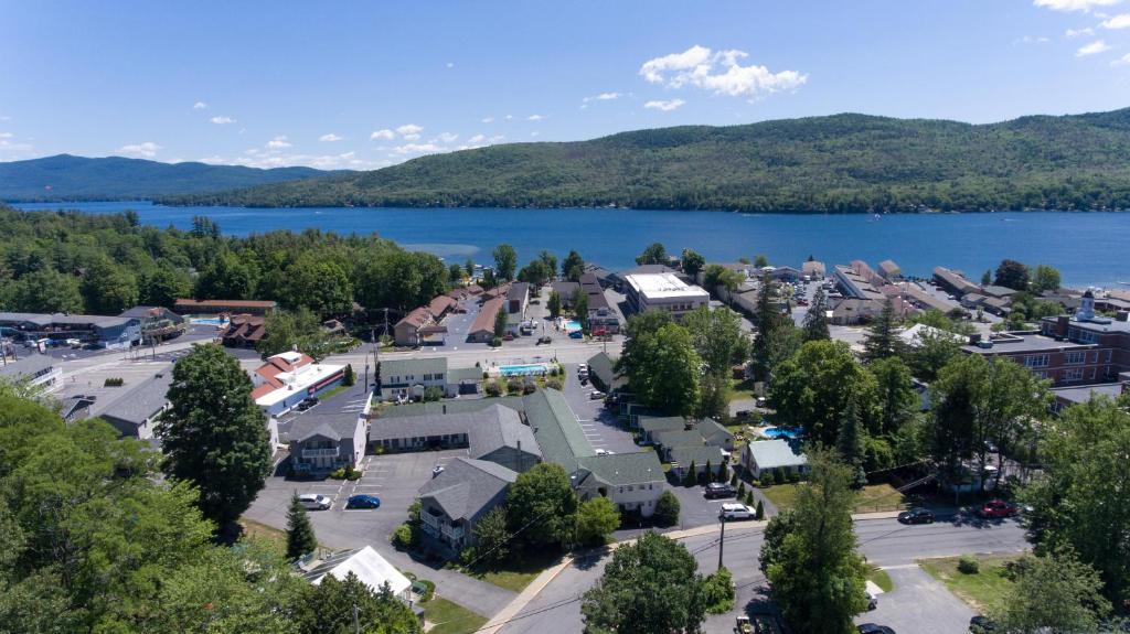 an aerial view of a town next to a lake at Americas Best Value Inn & Suites Lake George in Lake George