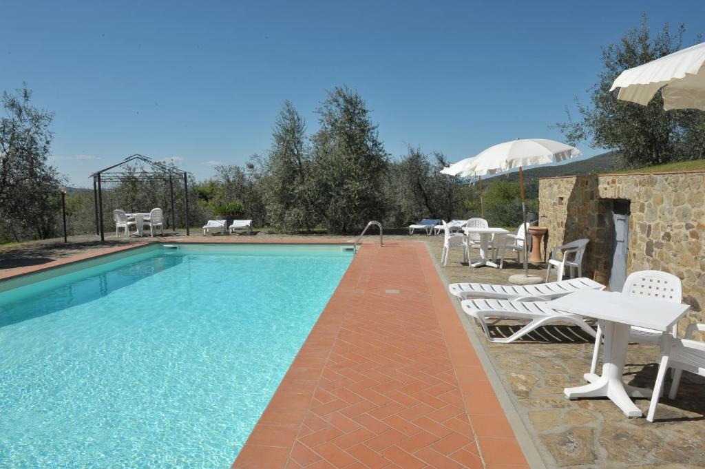 a swimming pool with chairs and a table and umbrella at Agriturismo La Camporena in Greve in Chianti
