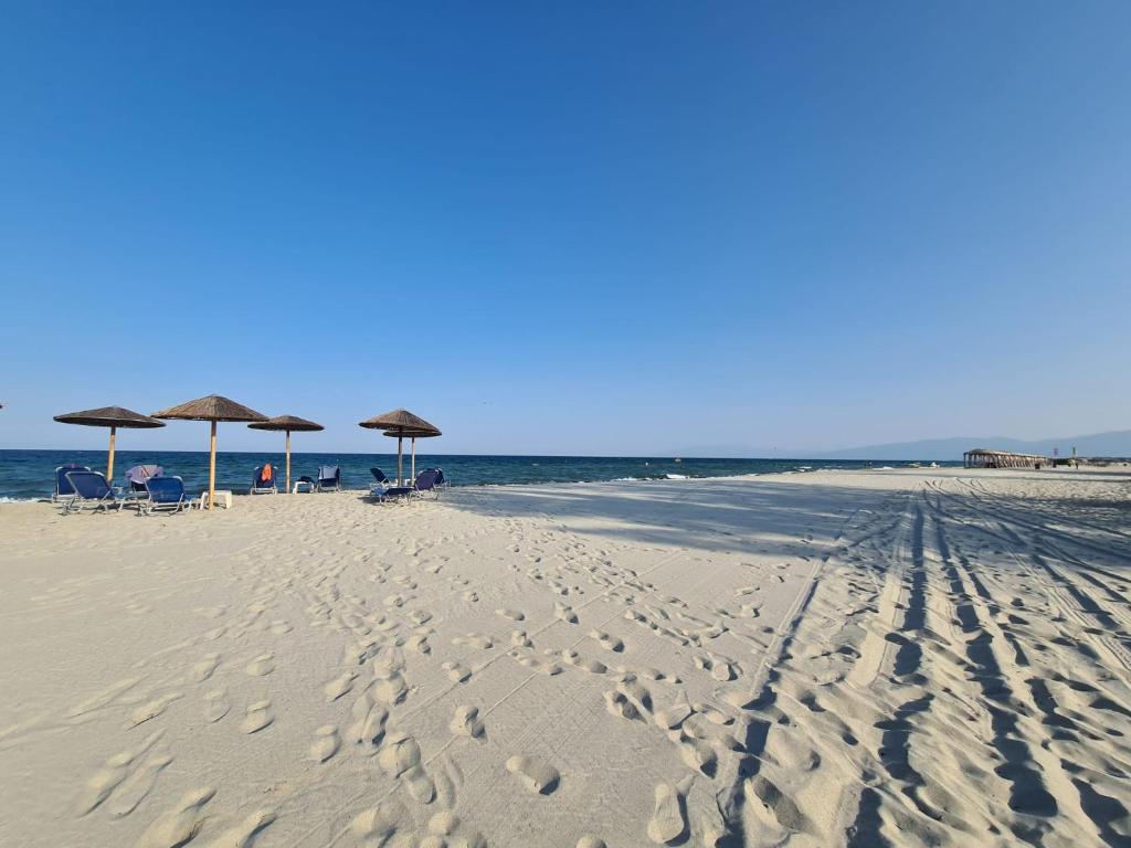 una spiaggia con sedie e ombrelloni e l'oceano di Alilomis Lux Apartments a Paralia Katerinis