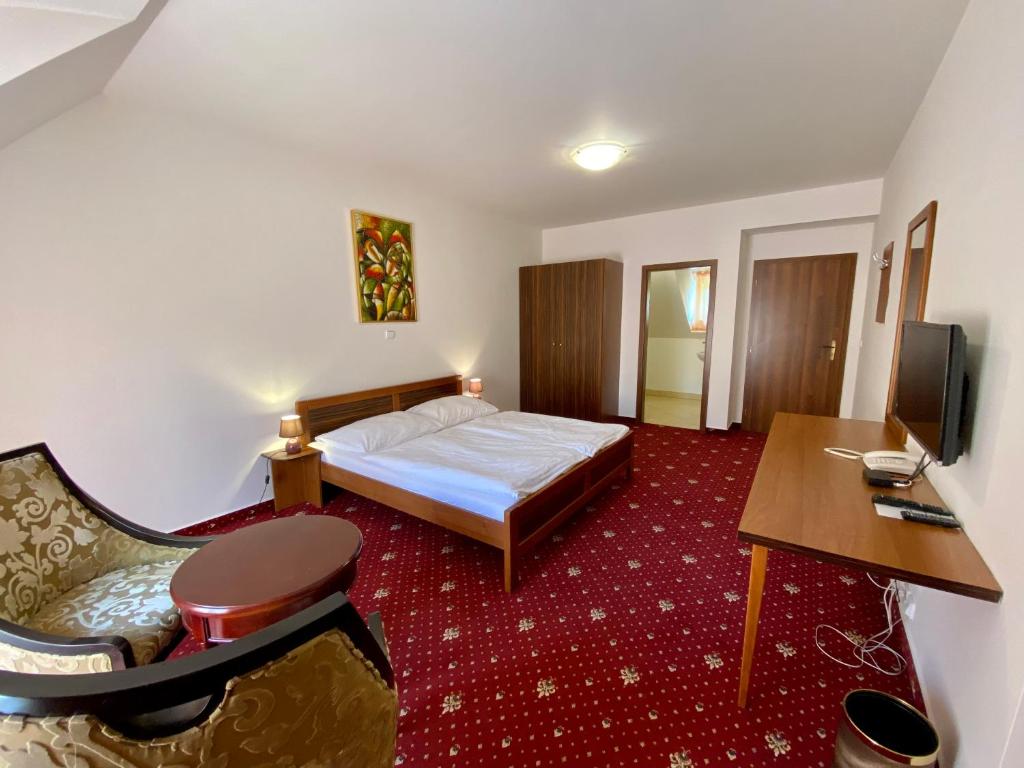 a bedroom with a bed and a desk and a television at Orient Spa in České Budějovice