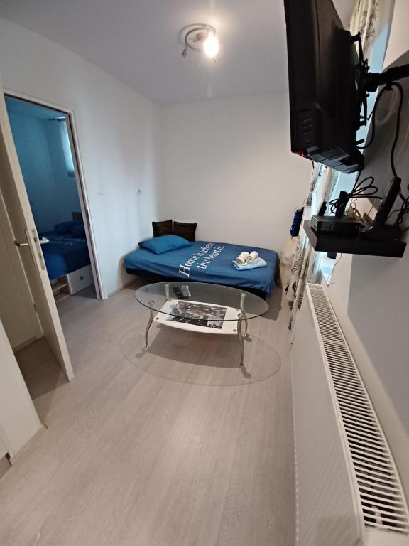 Televízia a/alebo spoločenská miestnosť v ubytovaní Blue &Red