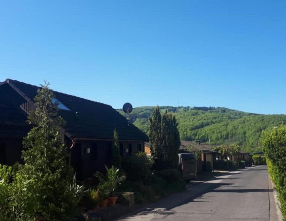 een straat in een dorp met een berg op de achtergrond bij Ferienhaus Rhönblick in Bischofsheim an der Rhön