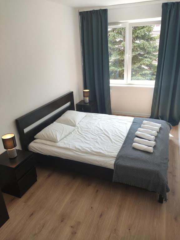 Schlafzimmer mit einem Bett mit blauen Vorhängen und einem Fenster in der Unterkunft 300 metrów od plaży / 300 meters from the beach in Danzig