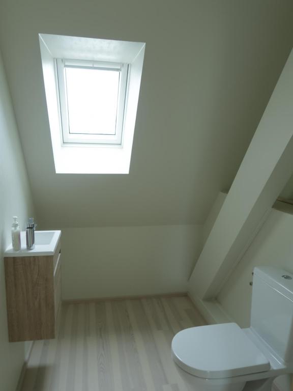 een witte badkamer met een toilet en een raam bij Logement douillet neuf L'INDIAN in Dossenheim-sur-Zinsel