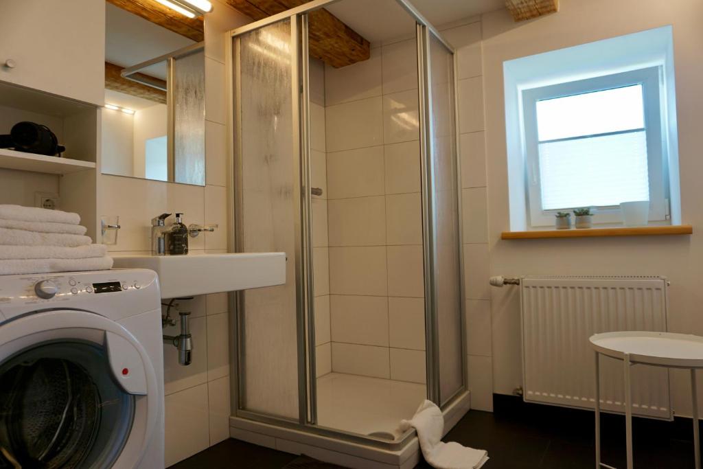 a bathroom with a shower and a washing machine at Beeindruckende Wohnung im Rheintal in Götzis