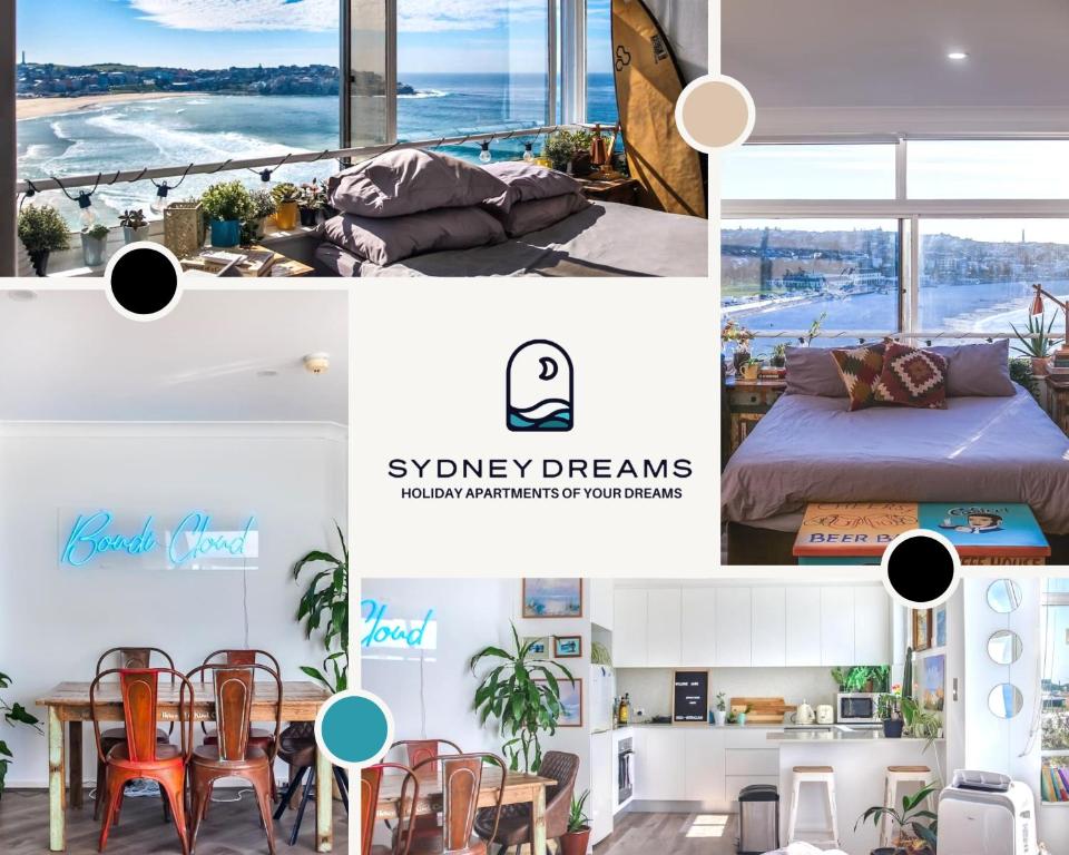 a collage of photos of a bedroom and a living room at Oh My Beach View - Top Floor Paradise by Sydney Dreams Serviced Apartment Bondi in Sydney