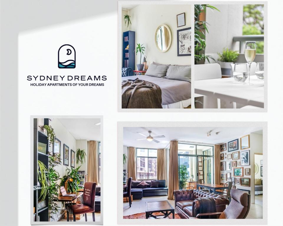 a collage of four pictures of a room at Funky Surry Hills Warehouse by Sydney Dreams in Sydney