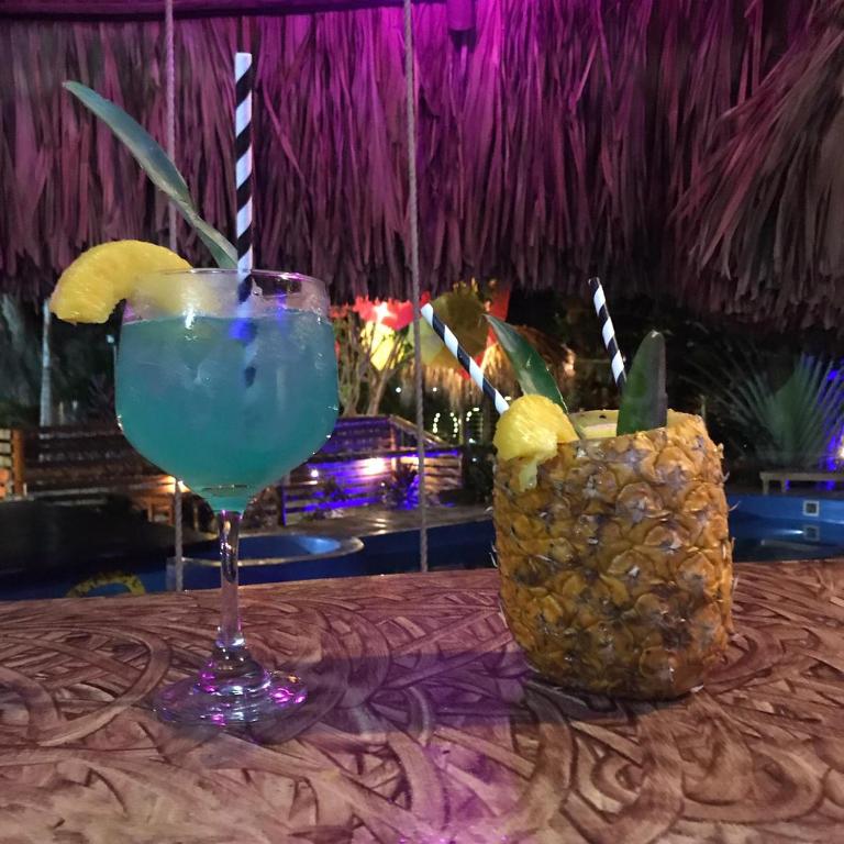 a drink in a glass next to a pineapple at El Zoo Hostel, Bar & Pool in Palomino