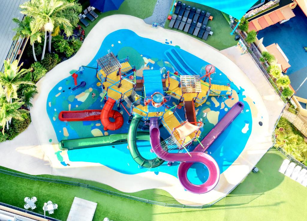 an overhead view of an inflatable water park at Paradise Resort Gold Coast in Gold Coast