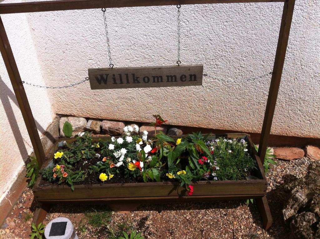 Ein Pflanzer mit Blumen und ein Zeichen, das Will ushima liest. in der Unterkunft Jeanny´s Ferienwohnung in Thale