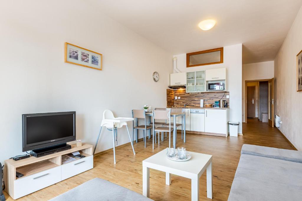 sala de estar con TV y cocina en Lipno View - Blue Apartment 6, en Lipno nad Vltavou