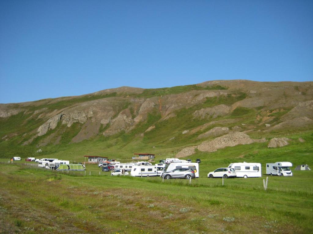 a group of vehicles parked in a field next to a hill at Ásbrandsstadir Cottage in Vopnafjörður