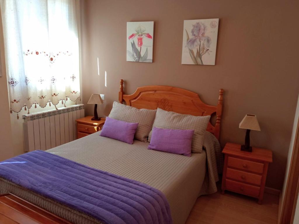ブロンチャレスにあるLa Pérgola Internet Fibra Garage Calefacción TVのベッドルーム1室(大型ベッド1台、紫色の枕付)