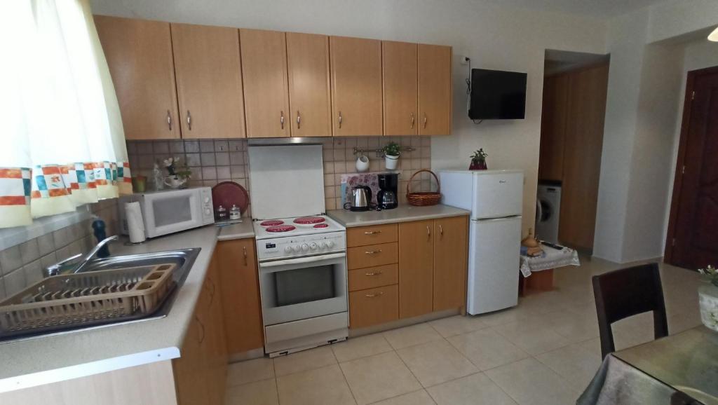a kitchen with wooden cabinets and white appliances at Elisso Apartment in Argostoli
