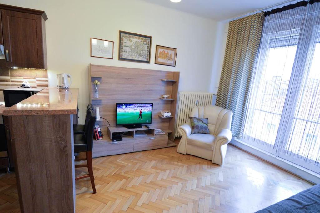 a living room with a flat screen tv in a room at City Center Apartment in Debrecen