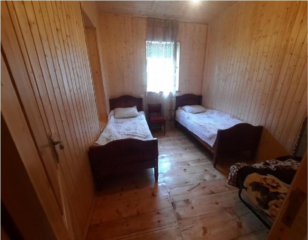 Adishi的住宿－Nino & Tarzan Guesthouse，一间空房间,设有两张床和窗户
