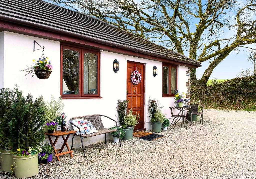 a white cottage with a bench and some plants at The Studio in Callington