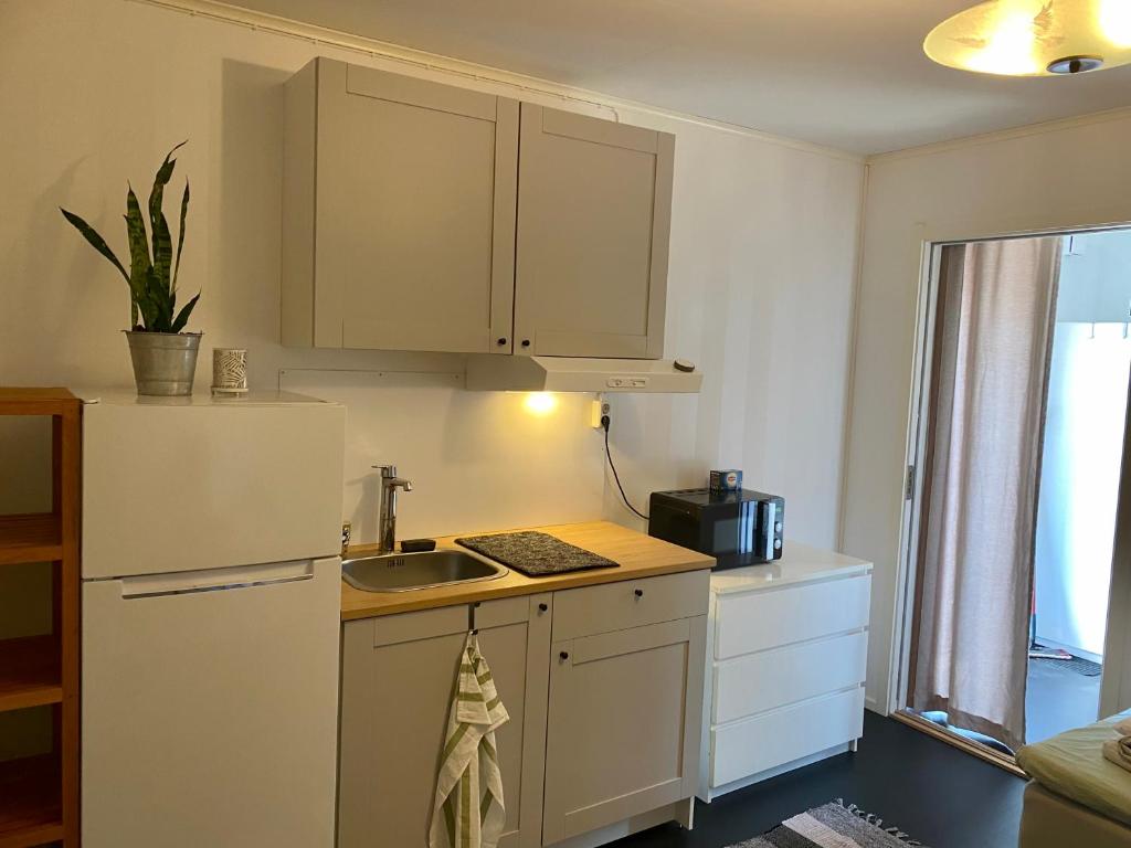 a small kitchen with a sink and a refrigerator at Litet gårdshus in Älandsbro