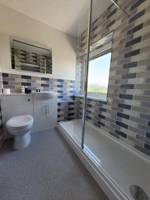 a bathroom with a toilet and a sink and a window at South Sands Hotel in Weston-super-Mare