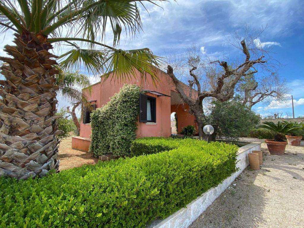 una casa rosa con palma e cespugli di Villetta a Corigliano D'Otranto a Melpignano