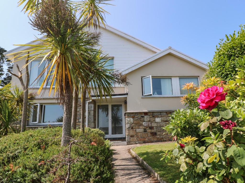 a house with a palm tree in front of it at Azure in Penzance