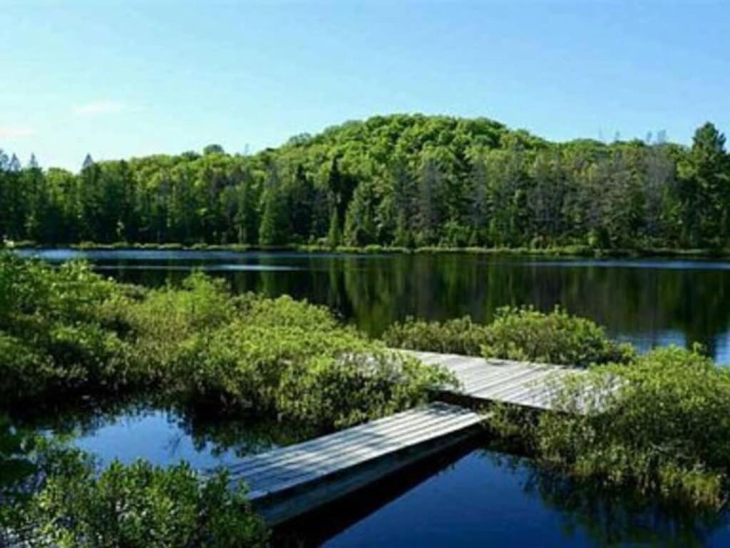 a wooden bridge over a lake with a mountain at Whole home, private lake, sauna, WFH office in Michigamme