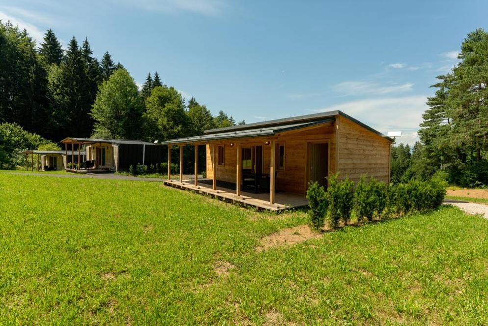 een klein houten huis in een grasveld bij Petzen Cottages - Petzen Chalets in Bleiburg