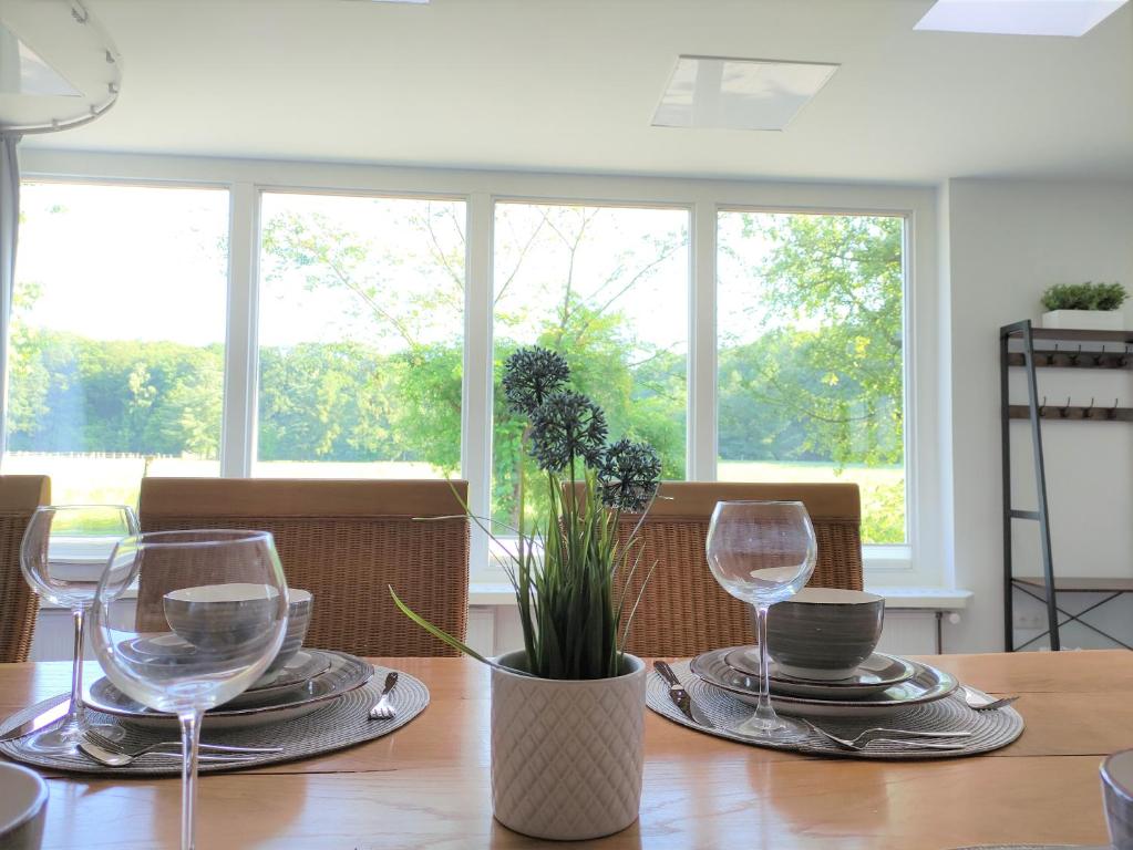 a table with two wine glasses and a potted plant at Dat tweete Tohuus in Soltau