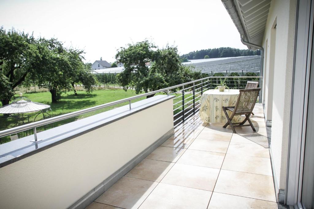 - un balcon avec une table et une vue dans l'établissement Wunderschöne, helle 3-Zi-Whg mit großem Balkon, à Friedrichshafen