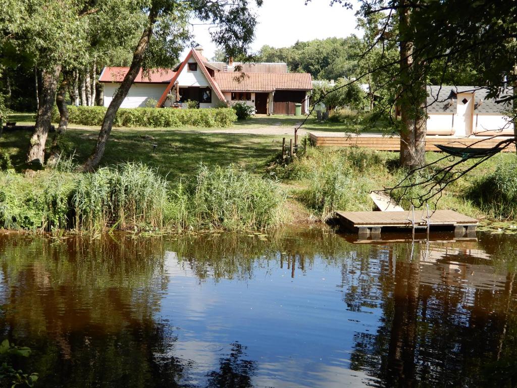 a view of a lake with a house in the background at ´RIVER LOUNGE´ in Parnumaa