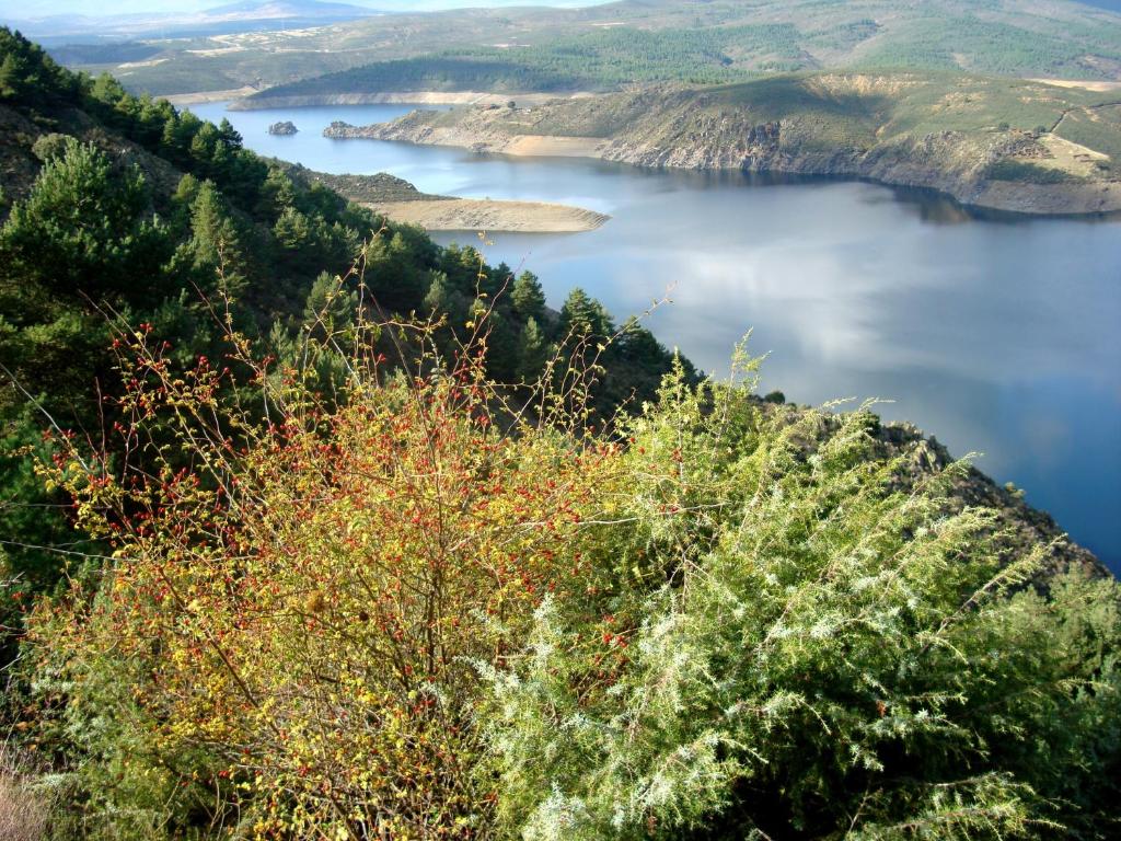 uma vista para um lago a partir do topo de uma colina em El Egio em Cervera de Buitrago