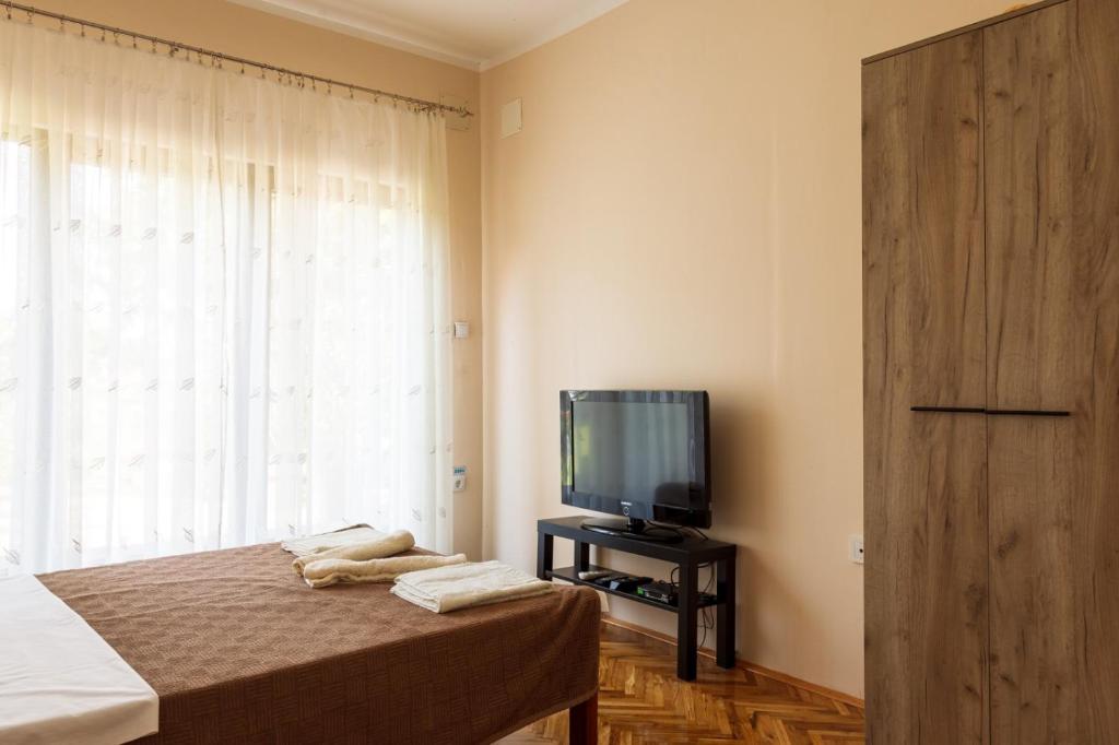 sypialnia z łóżkiem, telewizorem i oknem w obiekcie Studio 1 w mieście Golubac