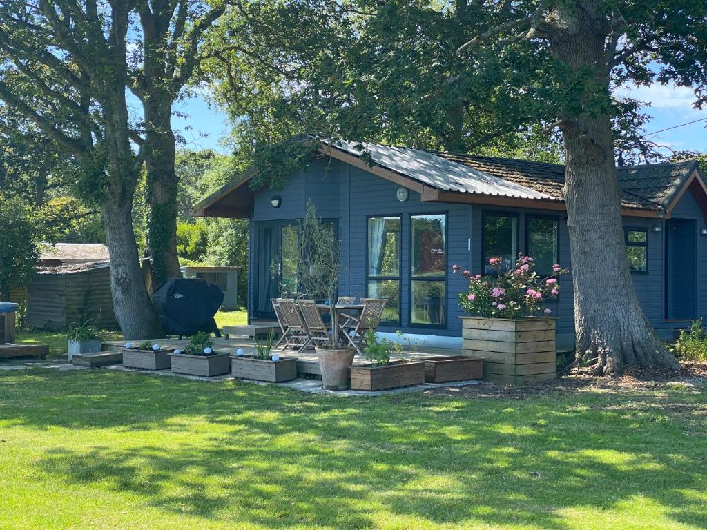 a blue house with a patio and trees at Lovely Lodge in private grounds with enviable view in Hordle