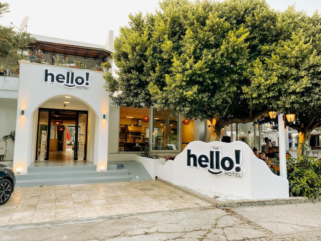 a store with hello signs in front of it at The Hello Hotel in Gümbet