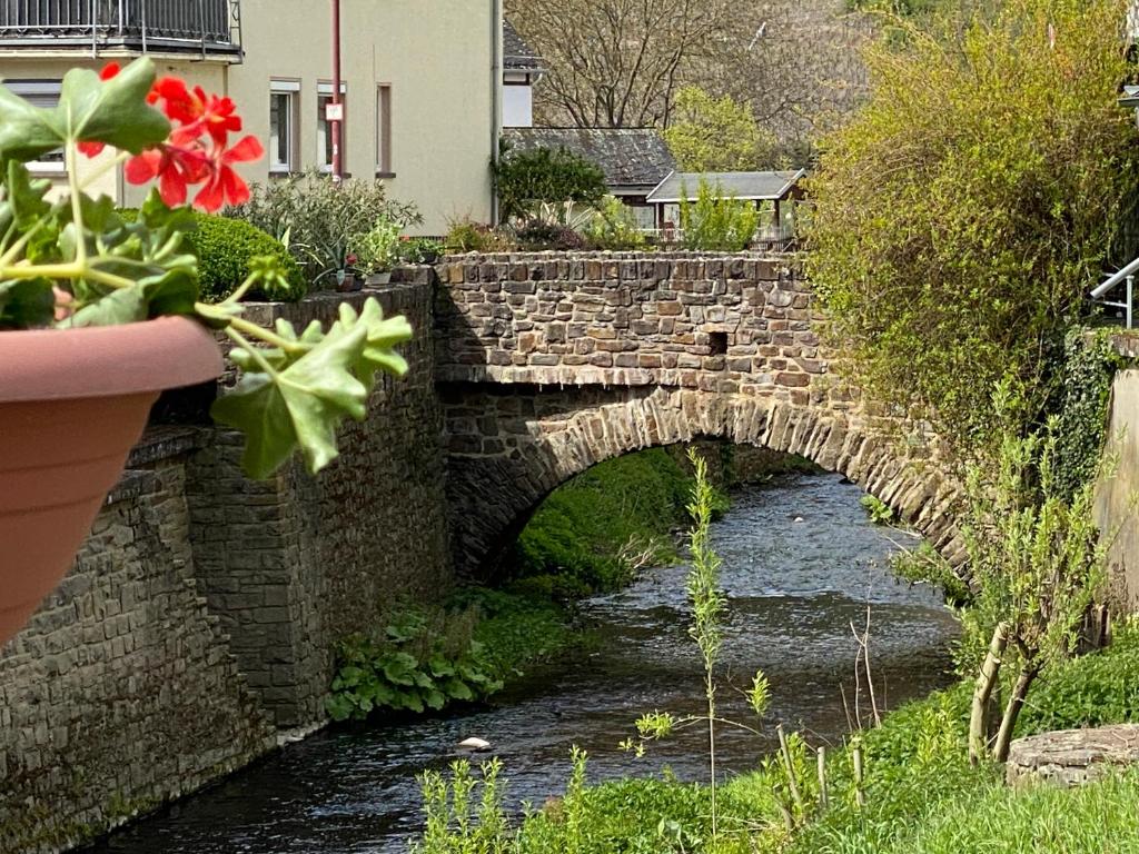 un puente de piedra sobre un río con una maceta de flores en Ferienhaus am Baybach in Burgen an der Mosel, en Burgen