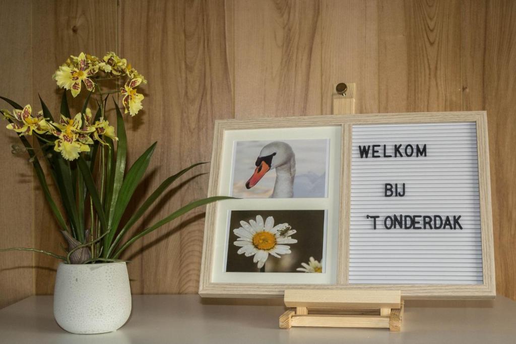 ein Bild eines Schwans und einer Vase mit Blumen in der Unterkunft 'T ONDERDAK in Lommel