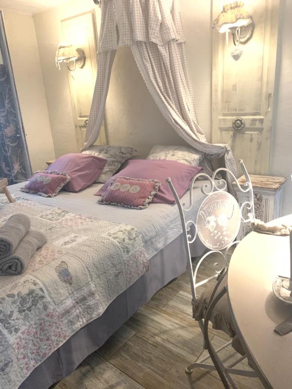 a bedroom with a bed with a canopy at La Porte Bleue : Guest house Cosy & Jaccuzi in Saint-Pierre