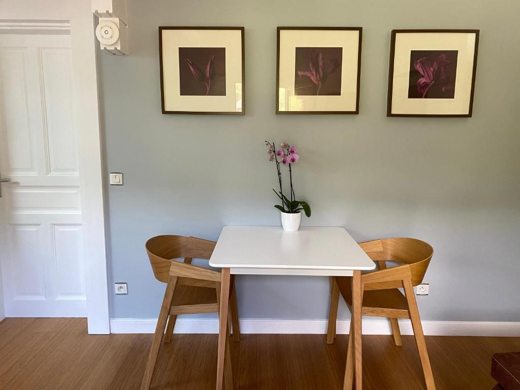 une table blanche avec deux chaises et un vase avec des fleurs dans l'établissement Chambre des Chenets, à Samoëns