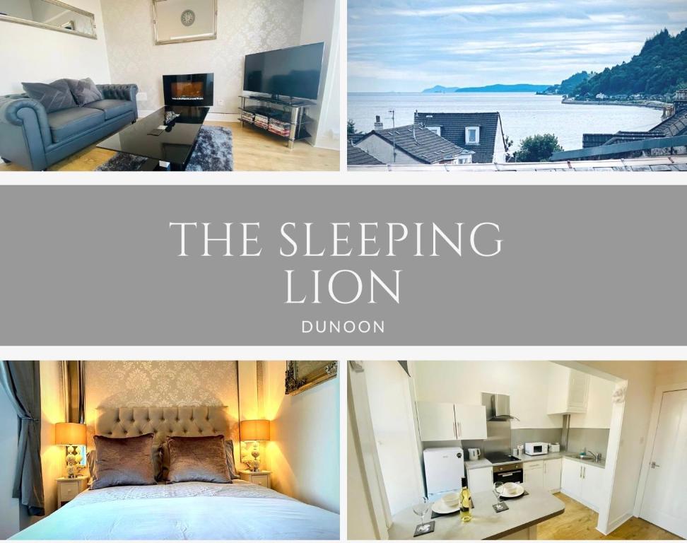 a collage of photos of a bedroom and a living room at The Sleeping Lion - Dunoon Holiday Home in Dunoon