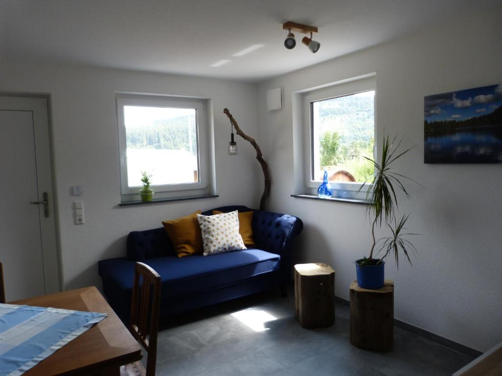 a living room with a blue couch and two windows at Ferienwohnung am Hirtenpfad in Lenzkirch