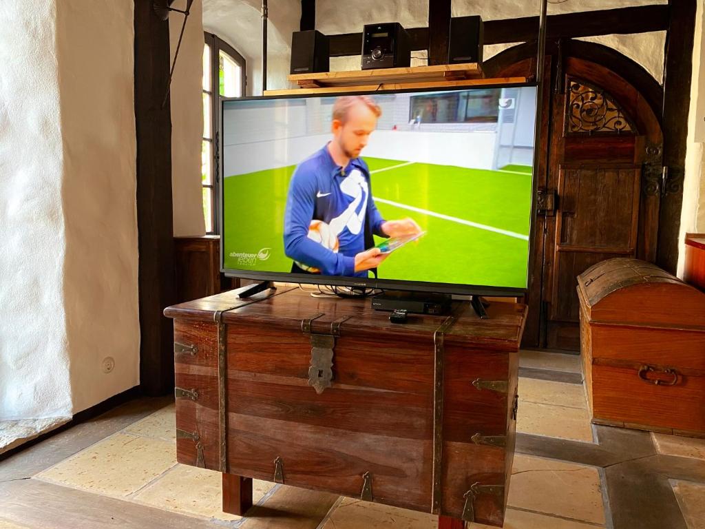 une télévision posée sur une commode en bois dans l'établissement Fewo WAFFENKAMMER im Rittergut Leppersdorf bei Dresden für 7 Personen, à Leppersdorf